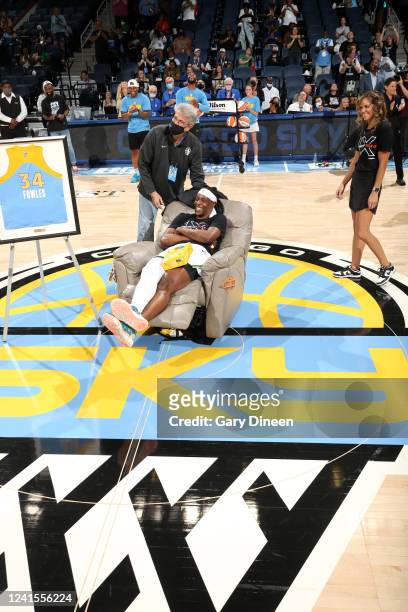 June 26: Sylvia Fowles of the Minnesota Lynx is recognized prior to the game against the Chicago Sky on June 26, 2022 at the Wintrust Arena in...