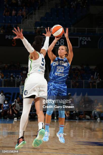 June 26: Julie Allemand of the Chicago Sky shoots a three point basket during the game against the Minnesota Lynx on June 26, 2022 at the Wintrust...