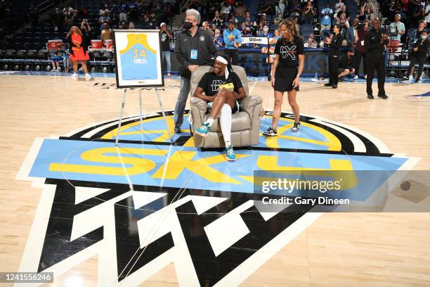 June 26: Sylvia Fowles of the Minnesota Lynx is recognized prior to the game against the Chicago Sky on June 26, 2022 at the Wintrust Arena in...