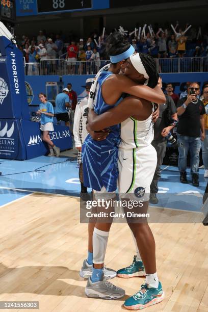June 26: Azurá Stevens of the Chicago Sky hugs Sylvia Fowles of the Minnesota Lynx after the game on June 26, 2022 at the Wintrust Arena in Chicago,...