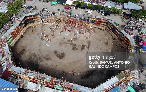 Aerial view of the collapsed grandstand in a bullring in the Colombian municipality of El Espinal, southwest of Bogotá, on June 26, 2022. - At least...