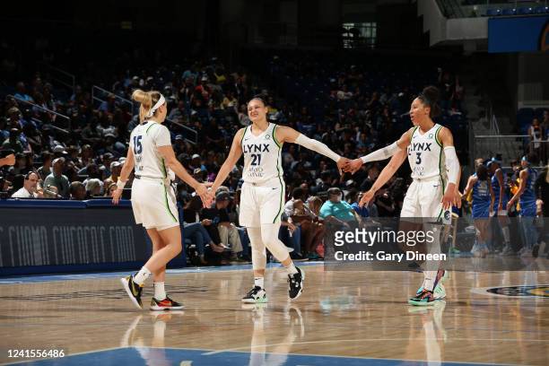 June 26: The Minnesota Lynx high five during the game against the Chicago Sky on June 26, 2022 at the Wintrust Arena in Chicago, IL. NOTE TO USER:...