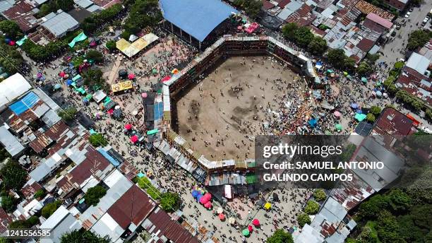 Aerial view of the collapsed grandstand in a bullring in the Colombian municipality of El Espinal, southwest of Bogotá, on June 26, 2022. - At least...