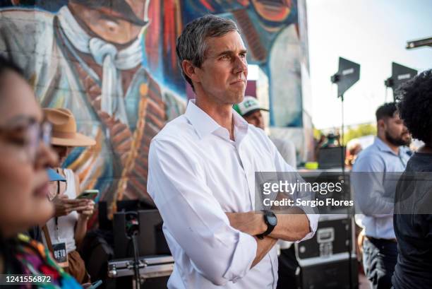 Democratic gubernatorial candidate Beto O'Rourke waits to speak at an event at Pan American Neighborhood Park on June 26, 2022 in Austin, Texas....