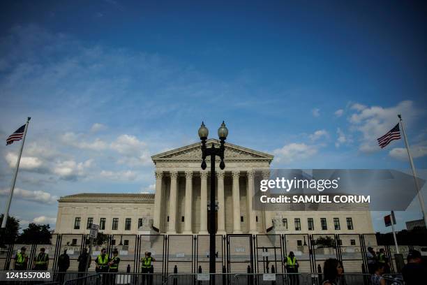 Barriers are seen outside the US Supreme Court as abortion rights activists protest in Washington, DC, on June 26 two days after the US Supreme Court...