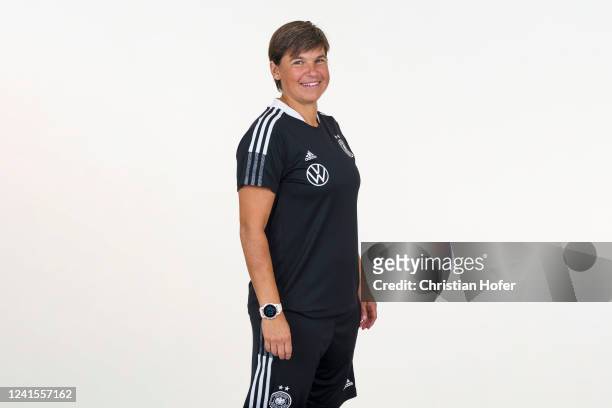 Assistant coach Ariane Hingst of Germany Women's U19 poses during a team presentation at Best Western Hotel on June 26, 2022 in Ostrava, Czech...