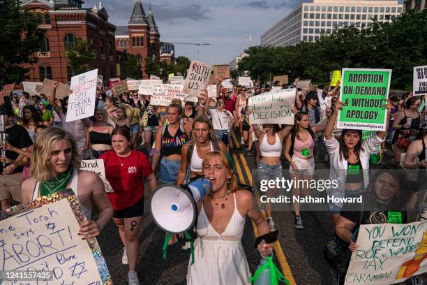 Abortion-rights activists march toward the White House on June 26, 2022 in Washington, DC. The Supreme Court's decision in the Dobbs v Jackson...