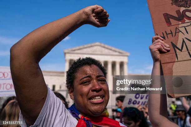 Abortion-rights activist Sierra Frey cries while protesting in front of the Supreme Court on June 26, 2022 in Washington, DC. The Supreme Court's...