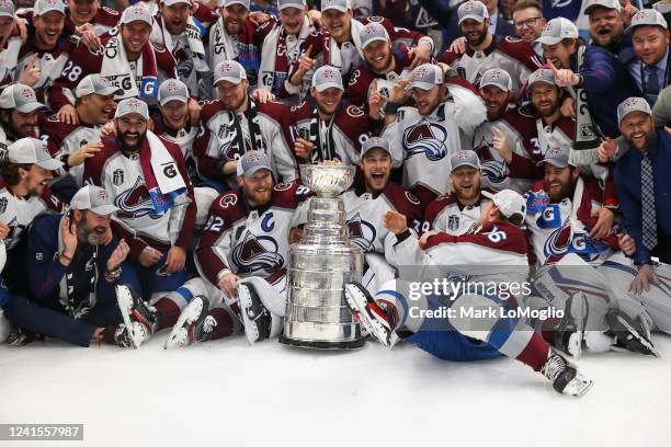 The Colorado Avalanche celebrate winning the Stanley Cup after Game Six of the 2022 Stanley Cup Final at Amalie Arena on June 26, 2022 in Tampa,...