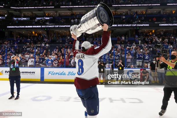 Cale Makar of the Colorado Avalanche celebrates winning the Stanley Cup after Game Six of the 2022 Stanley Cup Final at Amalie Arena on June 26, 2022...