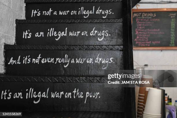 This photo taken on June 2, 2022 shows a display at the Silingan Cafe, a coffee shop devoted to remembering victims of the government's drug war, in...