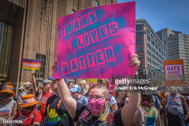 Participant seen holding a sign at the protest. Thousands of New Yorkers took to the streets of Manhattan to participate on the Reclaim Pride...