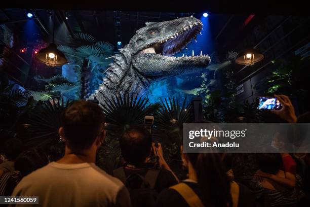 Dinosaur model is being displayed in the Jurassic World Film Exhibition on June 25, 2022 in Guangzhou, Guangdong Province of China.