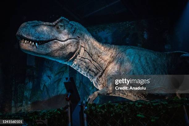 Dinosaur model tyrannosaurus rex is being displayed in the Jurassic World Film Exhibition on June 25, 2022 in Guangzhou, Guangdong Province of China.