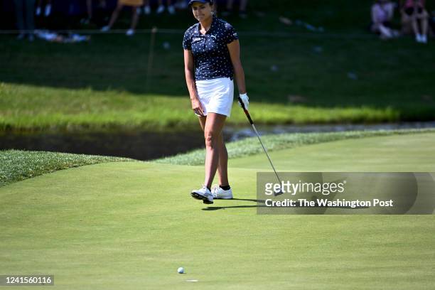 Lexi Thompson reacts after her putt stops short of the hole on 18 by inches to finish tied for second with a 4-under-par for the tournament June 26,...