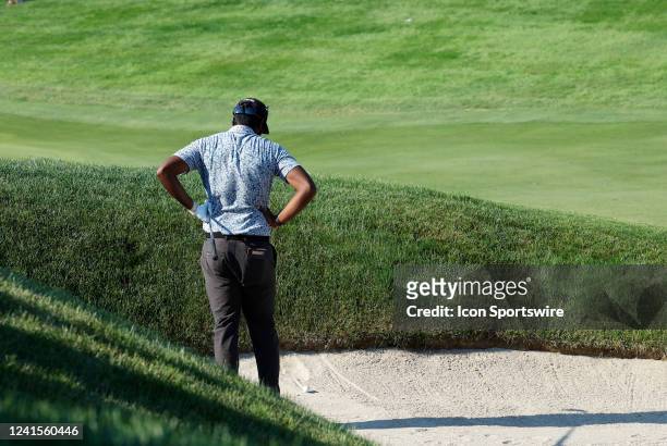 Sahith Theegala, of Woodlands, TX, reacts as his ball stays in the bunker during the Final Round of the Travelers Championship on June 26 at TPC...
