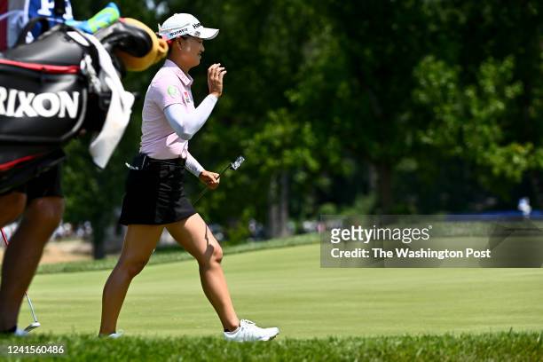 Minjee Lee pars 15 on her way to a second place tie in the finals of the KPMG Womens PGA Championship at Congressional Country Club June 26, 2022 in...