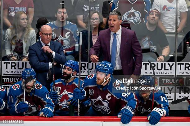 Colorado Avalanche head coach Jared Bednar talks to players in the third period during the Stanley Cup Finals game 5 between the Tampa Bay Lightning...