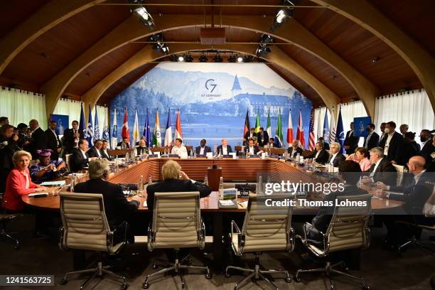 German Chancellor Olaf Scholz hosts the plenary sessions Outreach on the second day of the three-day G7 summit at Schloss Elmau on June 27, 2022 near...