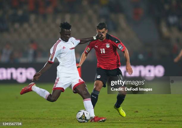 Yaoundé, Cameroon, January 2022: Abdalla Mahmoud Said Mohamed and Walieldin Khedr of Sudan during Egypt against Sudan, Africa Cup of Nations at...