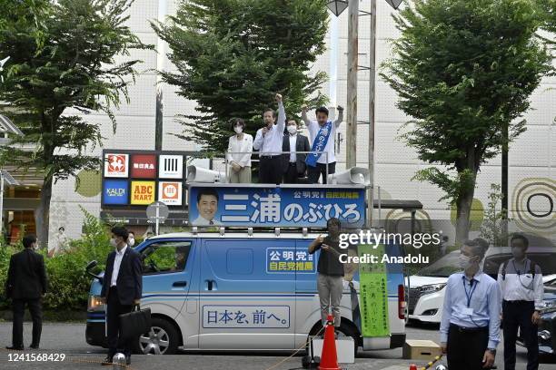 Komeito representative Natsuo Yamaguchi , ruling coalition party, delivers a speech as he attends a street meeting with a Komeito's candidate, Miura...