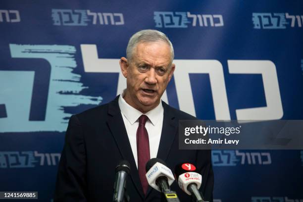Israeli Minister of Defense, Benny Gantz speaks at the start of a Blue and White party meeting on June 27, 2022 in Jerusalem, Israel. The dissolution...