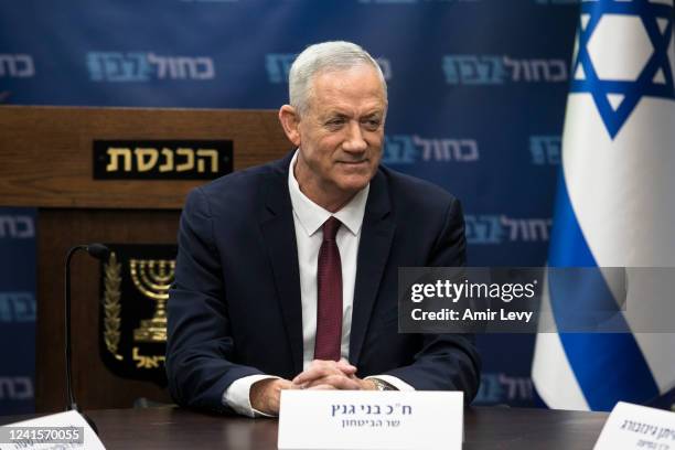 Israeli Minister of Defense, Benny Gantz speaks at the start of a Blue and White party meeting on June 27, 2022 in Jerusalem, Israel. The dissolution...