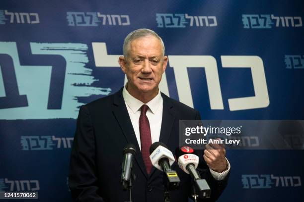 Israeli Minister of Defense, Benny Gantz speaks at the start of a Blue and White party meeting on June 27, 2022 in Jerusalem, Israel. The dissolution...