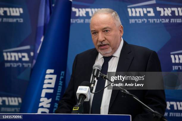 Israeli Minister of Finance, Avigdor Lieberman speaks at the start of Yisrael Beiteinu's party meeting on June 27, 2022 in Jerusalem, Israel. The...