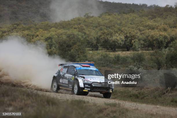 Polish drivers Kajetan Kajetanowicz and Maciej Szczepaniak of the Lotos Ralli team compete in the World Rally Championship' round 6 stage 19 in...