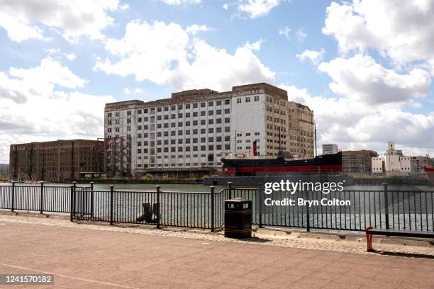 Millennium Mills, the former Spillers flour mill on the disused site at Silvertown Quays in Londons docklands on June 26, 2022 in London, United...