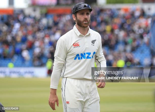 New Zealand's captain Kane Williamson leaves after their defeat on day 5 of the third cricket Test match between England and New Zealand at...