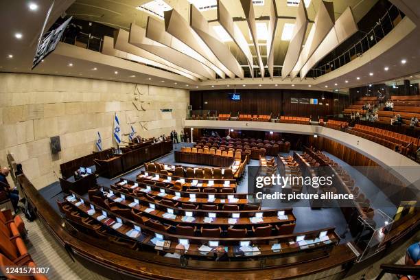 June 2022, Israel, Jerusalem: A general view of the empty plenary chamber of the Israeli Knesset, which is to vote on dissolving itself and thus...