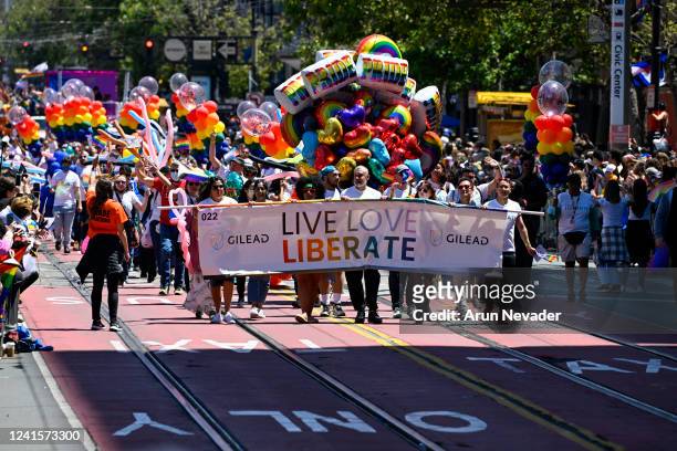 The Gilead contingent walks during the 52nd annual San Francisco Pride Parade on June 26, 2022 in San Francisco, California. Thousands of people came...