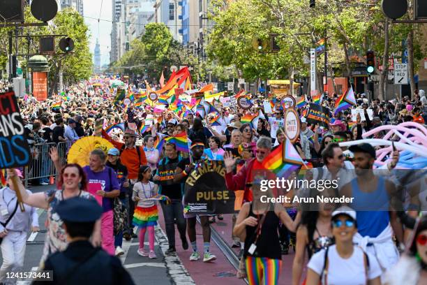 Marchers fill Market Street during the 52nd annual San Francisco Pride Parade on June 26, 2022 in San Francisco, California. Thousands of people came...