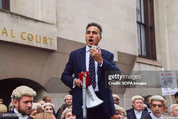 Jo Sidhu QC, Chairman of the Criminal Bar Association, speaks outside the court during the rally. Criminal barristers gathered outside the Central...