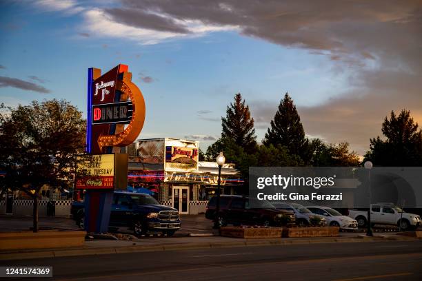 The last rays of sunlight fall on local favorite Jonny Js Diner on June 11, 2022 in Casper, Wyoming. Wyoming is a Republican stronghold and Liz...