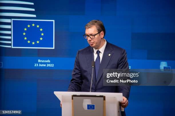 President of the Republic of Serbia Aleksandar Vucic as seen talking to the media and journalists at a press conference after the EU - Western Balkan...