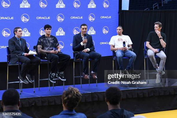 Patrick Baldwin Jr. Of the Golden State Warriors talks to the media at the Golden State Warriors Draft Press Conference on June 24, 2022 at Chase...