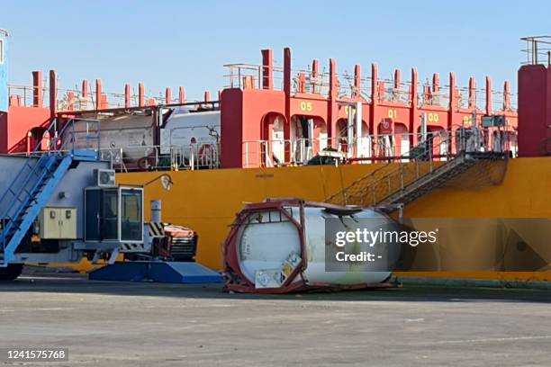 Partial view shows the tank that fell while being transported on the Hong Kong-flagged vessel "Forest 6", causing a toxic gas leak in Jordan's Aqaba...