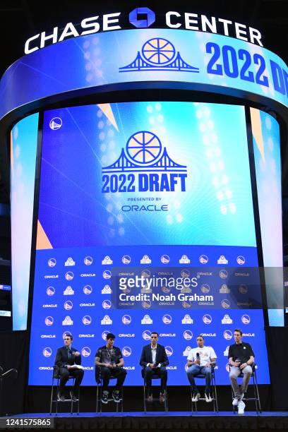Gui Santos, Ryan Rollins, Patrick Baldwin Jr., and Mike Dunleavy Jr. Of the Golden State Warriors talk to the media during the Golden State Warriors...