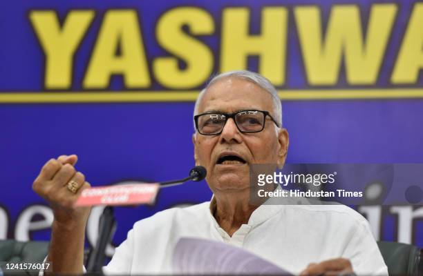 Opposition presidential candidate Yashwant Sinha addresses a press conference, on June 27, 2022 in New Delhi, India. Sinha, who filed his nomination...