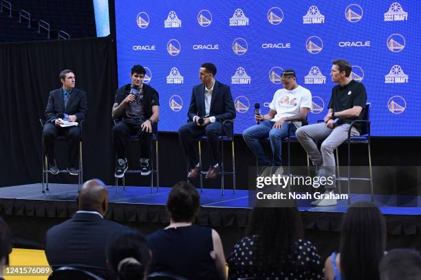 Gui Santos, Ryan Rollins, Patrick Baldwin Jr., and Mike Dunleavy Jr. Of the Golden State Warriors talk to the media during the Golden State Warriors...