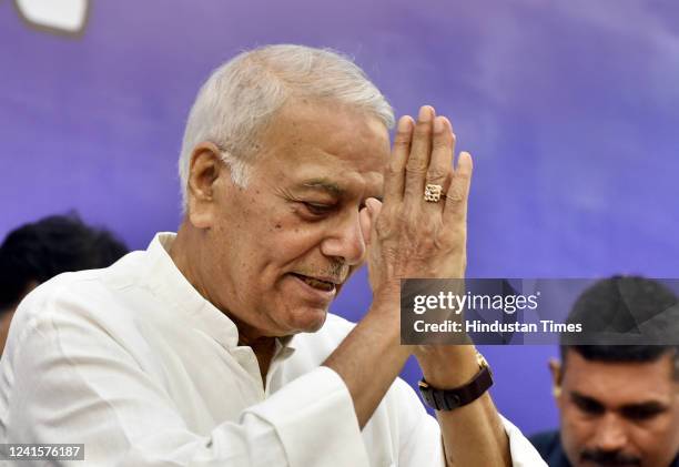 Opposition presidential candidate Yashwant Sinha addresses a press conference, on June 27, 2022 in New Delhi, India. Sinha, who filed his nomination...