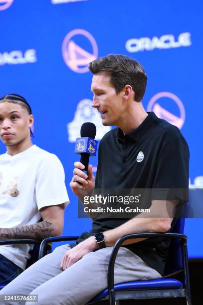 Mike Dunleavy Jr. Of the Golden State Warriors talks to the media during the Golden State Warriors Draft Press Conference on June 24, 2022 at Chase...
