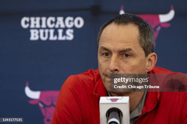 Art?ras KarniÂovas, executive vice president of basketball operations, speaks as the Bulls introduce first-round pick Dalen Terry on June 27, 2022.