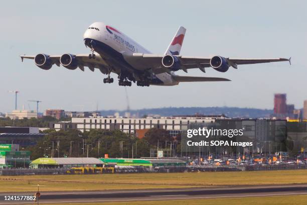 British Airways Airbus A380 is seen taking off from London Heathrow Airport. Hundreds of the flag carriers ground staff have voted to strike next...