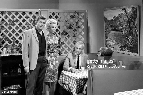 Episode, "The Authoress" Andy and Mavis , standing, meet Helen and her publisher, Roger in the diner. January 3, 1967.