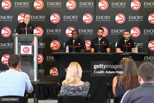 Griffin, Landry Fields, and Tyrese Martin of the Atlanta Hawks talk to the media during the Atlanta Hawks Draft Press Conference on June 27, 2022 at...