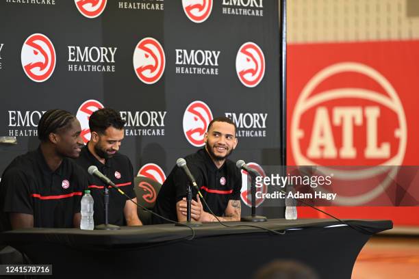 Griffin, Landry Fields, and Tyrese Martin of the Atlanta Hawks talk to the media during the Atlanta Hawks Draft Press Conference on June 27, 2022 at...